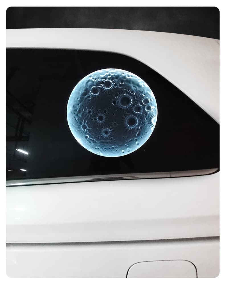 3D Moon Decorative Lamp - Car Side Window Installation with Illuminated Blue Effect