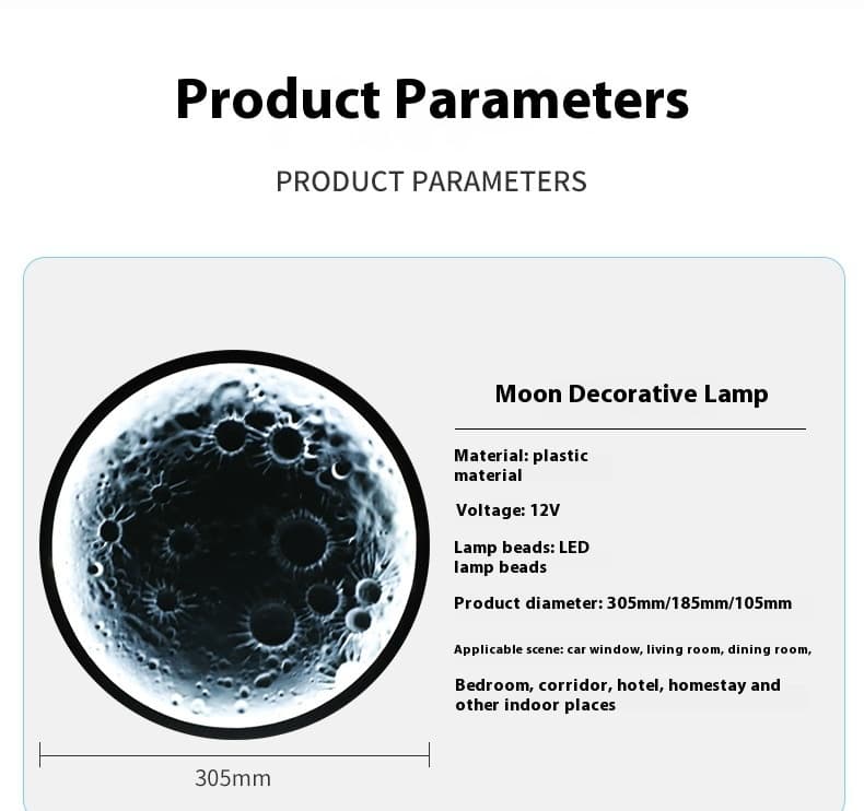 3D Moon Decorative Lamp - Product Parameters (Material, Voltage, Size, and Applicable Scenes)