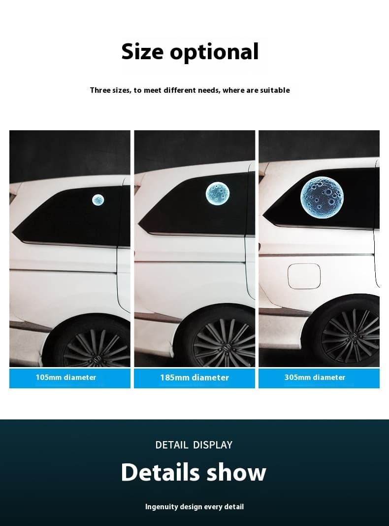 3D Moon Decorative Lamp - Car Installation with Three Size Options (105mm, 185mm, 305mm)