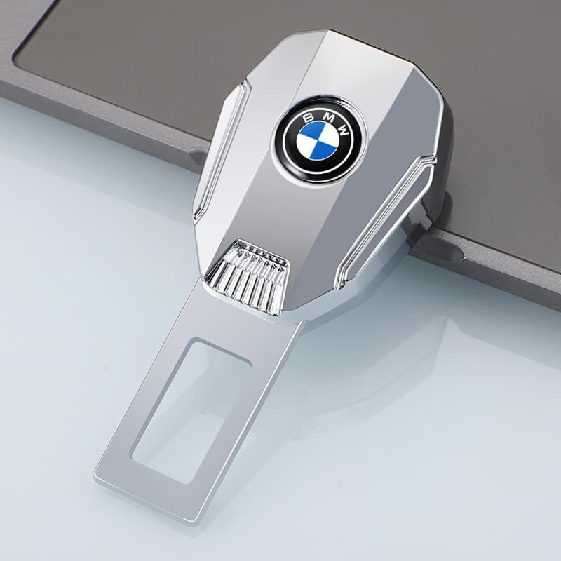 BMW car seat belt extender, featuring a silver seat belt extender with BMW logo, ideal for BMW car safety accessories and seat belt adjustment, high - quality auto safety product for BMW vehicles.