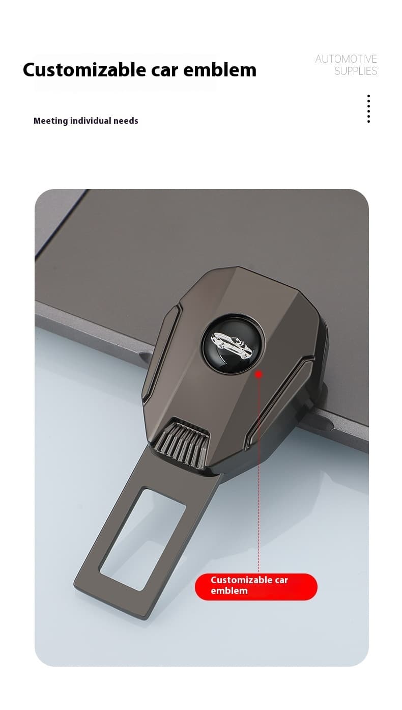Black car seat belt extender with a customizable car emblem, a personalized auto accessory. Designed to meet individual needs, this accessory allows for emblem customization, adding a unique touch to enhance seat belt convenience and style in vehicles.