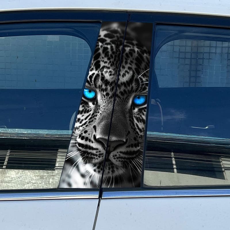 Blue - eyed leopard car window decal, featuring a striking leopard graphic sticker with vivid blue eyes for car rear window, ideal for car customization and auto styling, eye - catching auto decor with a majestic leopard design.