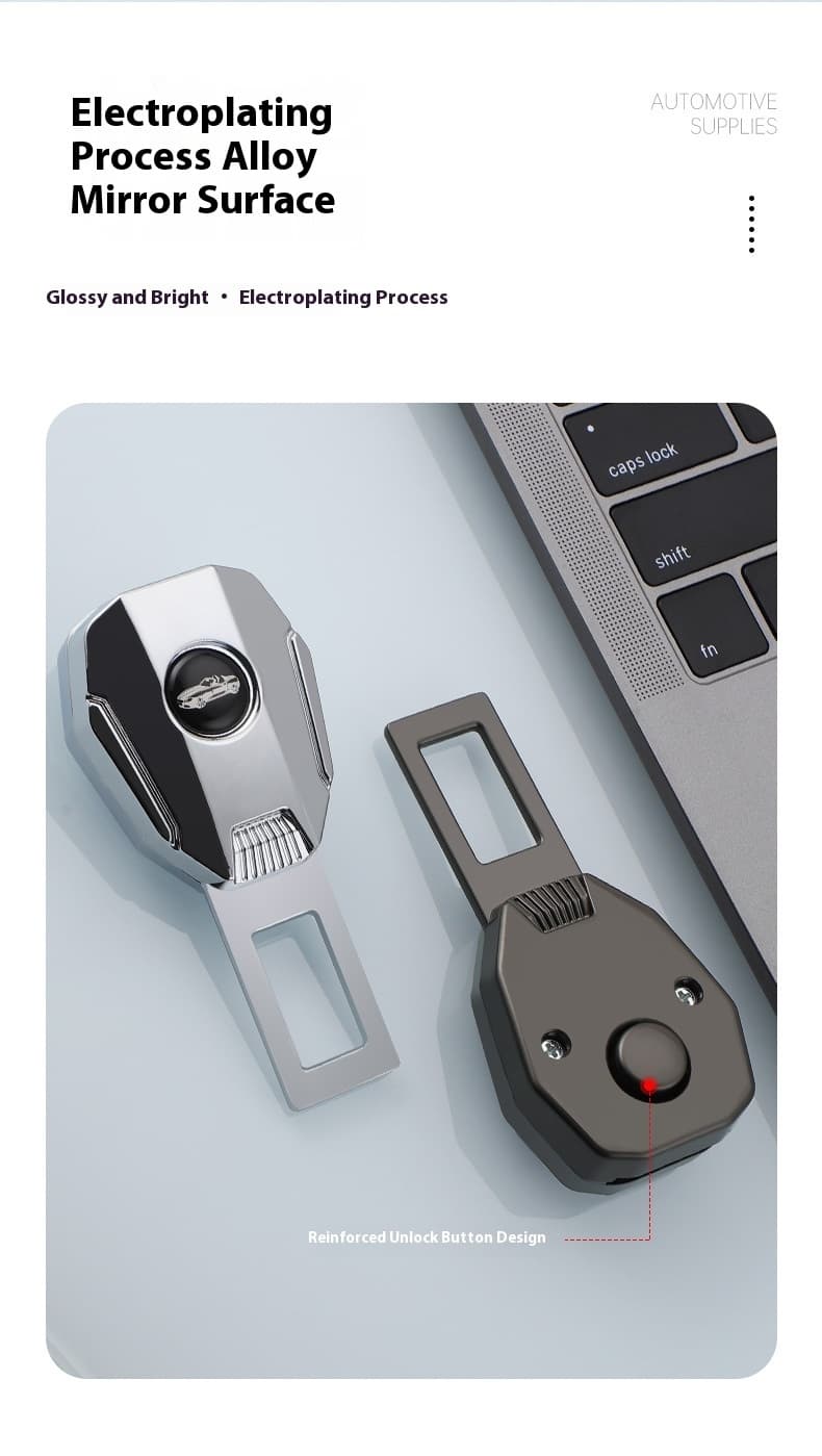 Electroplated alloy car seat belt extenders, featuring silver and black designs with a mirror - like surface. These auto accessories have a glossy and bright finish thanks to the electroplating process, and also include a reinforced unlock button for enhanced functionality and safety.