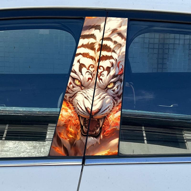 Elevate your car's style with this fierce white tiger car B - pillar sticker. The decal showcases a white tiger with intense golden eyes and flames around it, exuding a powerful and bold aura. It's perfect for car enthusiasts who want to make a strong statement and add a touch of wild elegance to their vehicle, ensuring it stands out on the road.