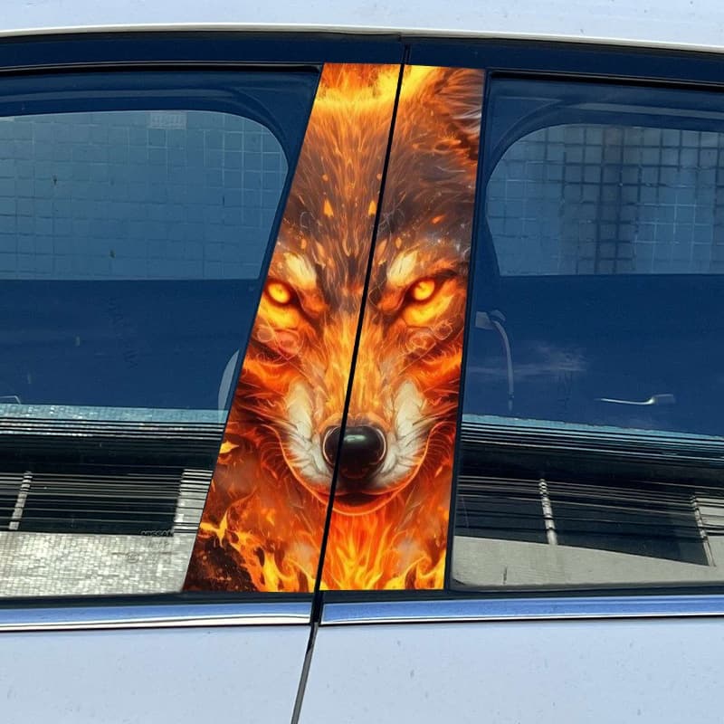 Fire - themed wolf car window decal, featuring a vivid flame - surrounded wolf head graphic sticker for car rear window, ideal for car customization and auto styling, eye - catching auto decor with fiery wolf design.