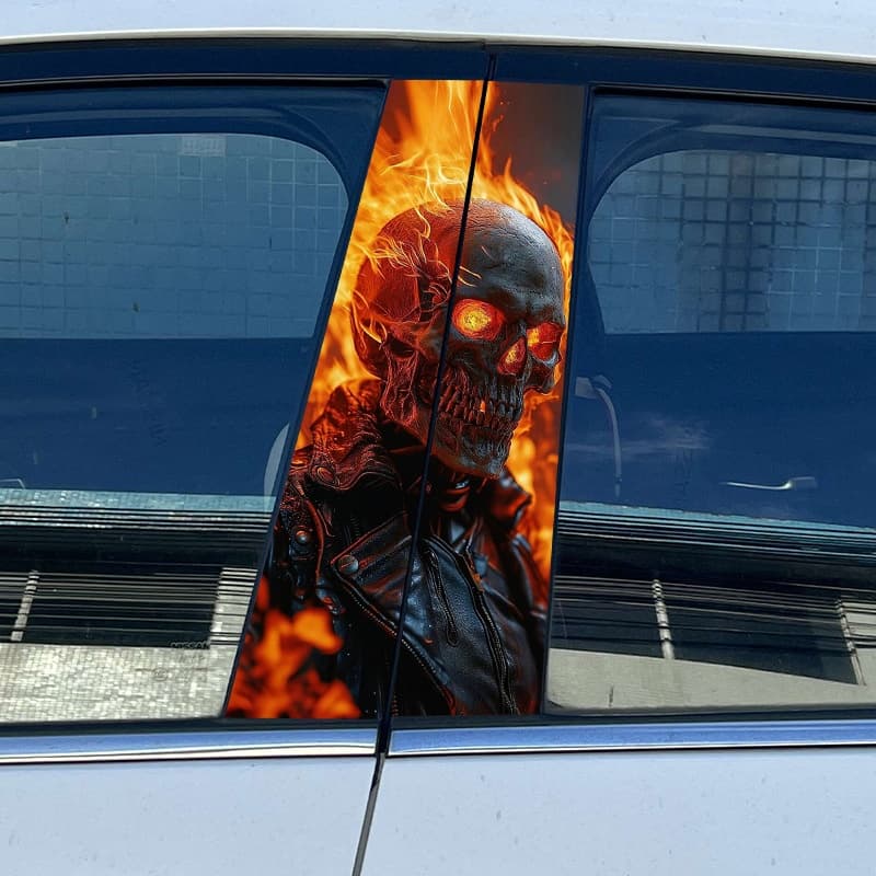 Flaming skull car window decal, featuring a fire - surrounded skull graphic sticker with glowing red eyes and a leather jacket for car rear window, perfect for car customization and auto styling, eye - catching auto decor with a fierce fiery skull design.