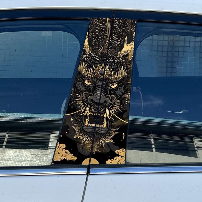 Golden dragon car window decal, featuring an intricate Chinese dragon graphic sticker with golden details and cloud patterns for car rear window, ideal for car customization and auto styling, eye - catching auto decor with a traditional Chinese dragon design.