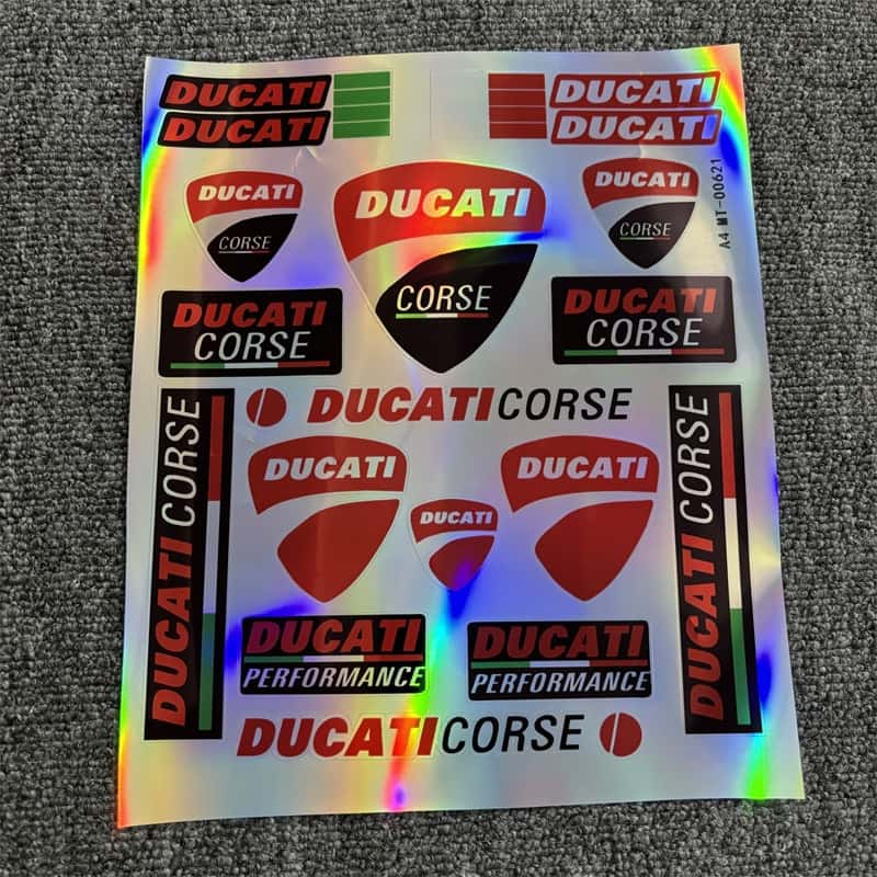 Holographic sticker sheet with various Ducati Corse logos and designs, ideal for customizing Ducati motorcycles.