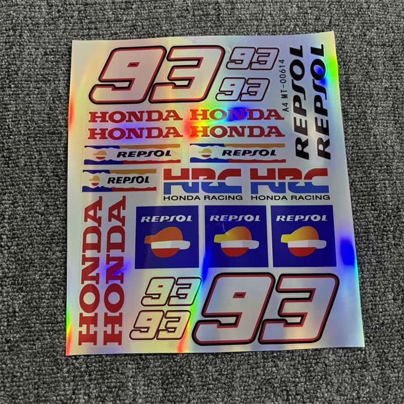 Holographic sticker sheet with Honda, Repsol logos, and prominent number 93 designs, ideal for customizing Honda motorcycles to showcase a racing - inspired style.