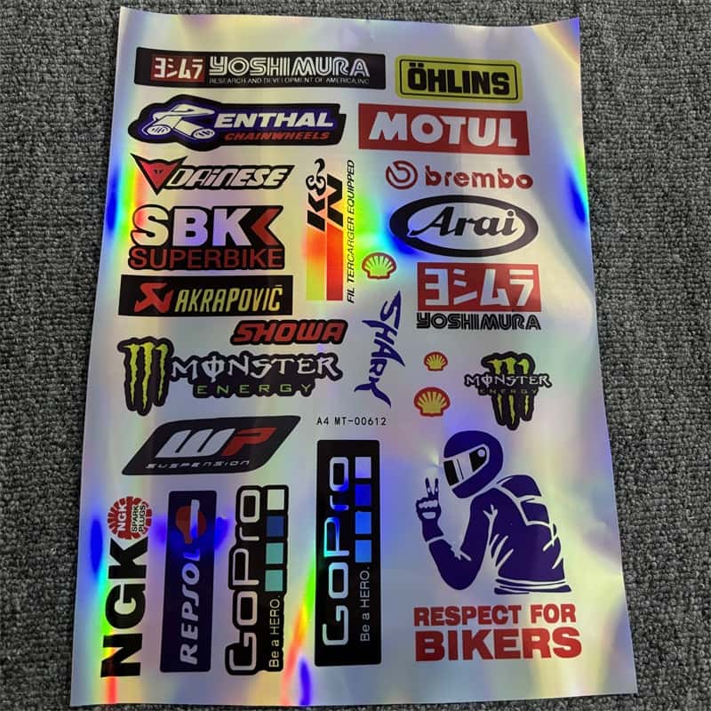 Holographic sticker sheet with motorcycle racing brands like Motul, Monster Energy, and Öhlins, along with “Respect For Bikers” text, ideal for customizing motorcycles and showing a racing - inspired and respectful style.