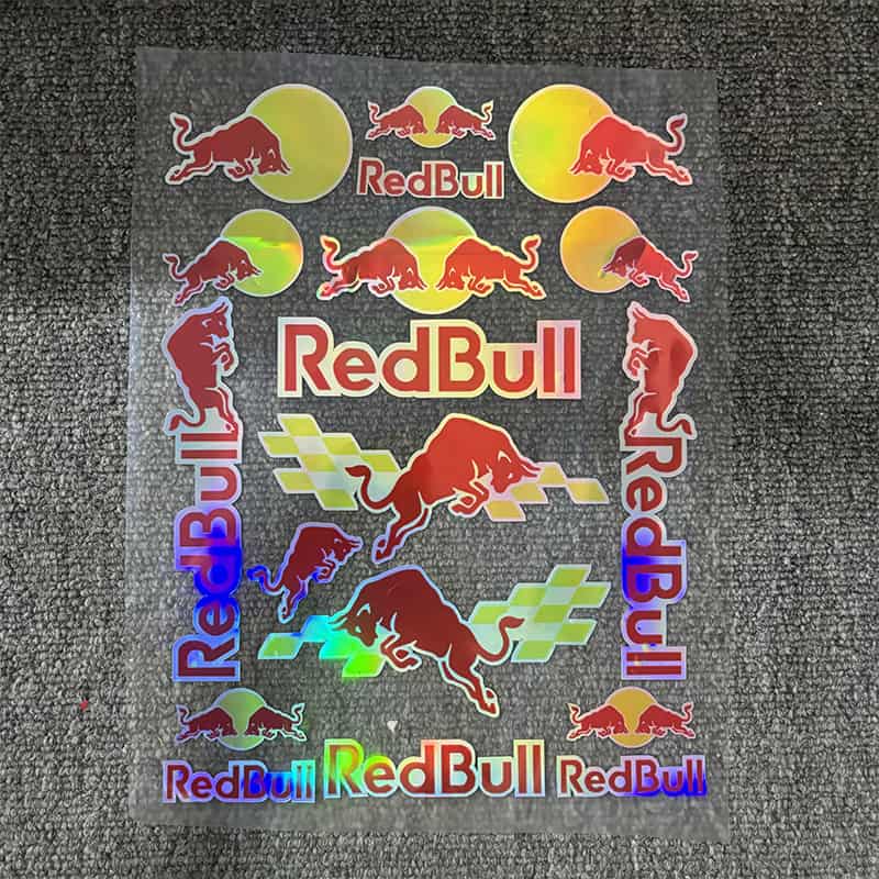 Holographic sticker sheet with multiple Red Bull logos and bull designs, perfect for customizing vehicles to showcase a bold Red Bull - inspired style.