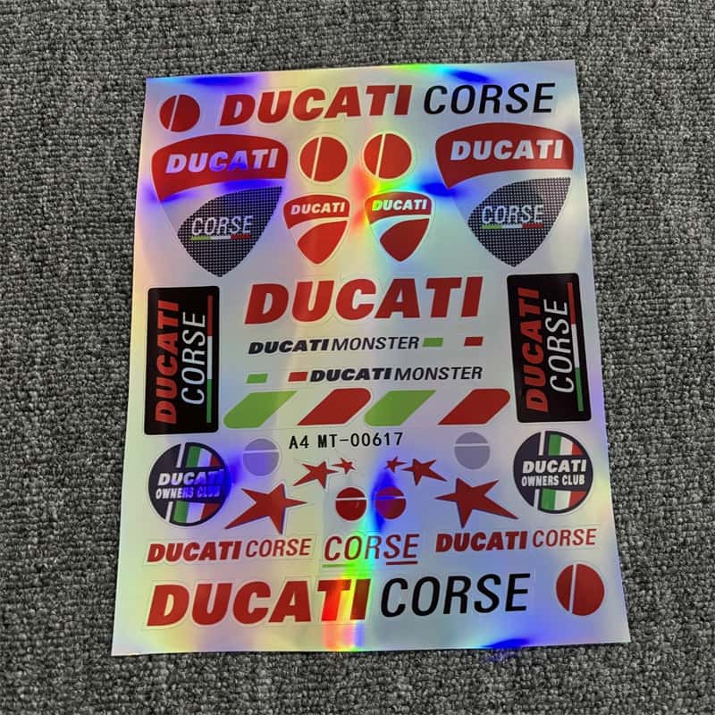 Laser sticker sheet featuring multiple Ducati and Ducati Corse logos, ideal for customizing Ducati motorcycles to showcase a high - performance racing style.