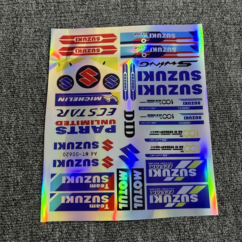 Laser sticker sheet with multiple Suzuki logos and related designs, ideal for customizing Suzuki motorcycles to showcase a sporty style.