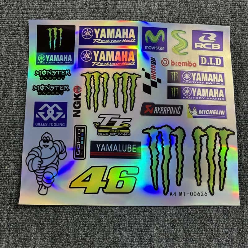 Laser sticker sheet featuring multiple Yamaha logos, Monster Energy branding, and other associated designs like Akrapovic and Yamalube. Ideal for customizing Yamaha motorcycles to showcase a racing - inspired style.