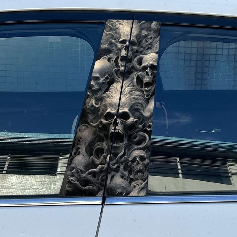 Multi - skull car window decal, featuring an intricate cluster of skulls with swirling patterns graphic sticker for car rear window, ideal for car customization and auto styling, eye - catching auto decor with a unique skull cluster design.