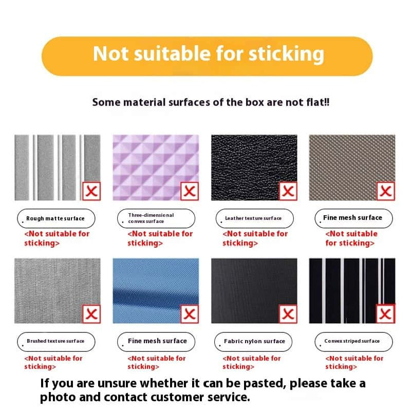 Guide showing surfaces not suitable for sticking stickers, including rough matte, three - dimensional convex, leather texture, fine mesh, brushed texture, fabric nylon, and convex striped surfaces. Advises contacting customer service if unsure.