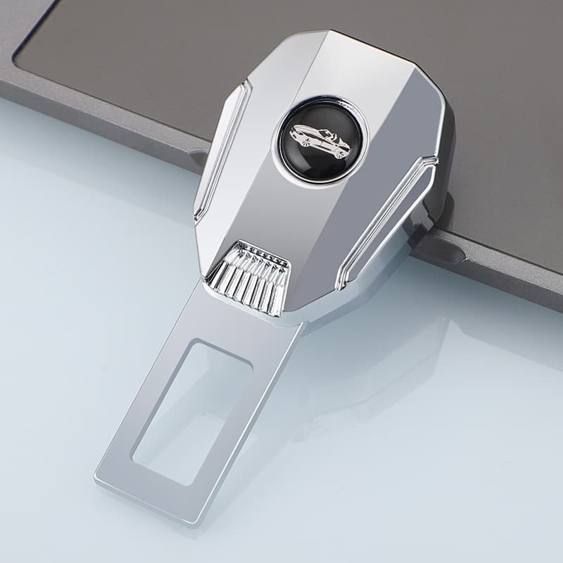 Universal car seat belt extender, featuring a silver seat belt extender with a car logo, ideal for car safety accessories and seat belt adjustment, high - quality auto safety product suitable for various vehicles.
