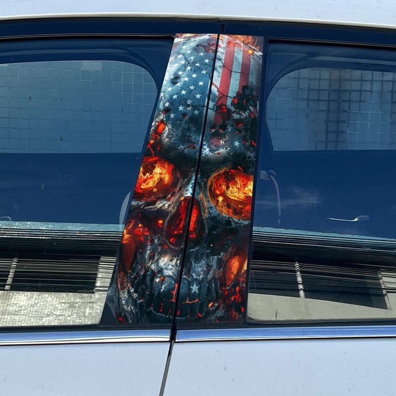American flag skull car window decal, featuring a flame - filled skull with US flag elements graphic sticker for car rear window, ideal for car customization and auto styling, eye - catching auto decor with patriotic and fierce skull design.