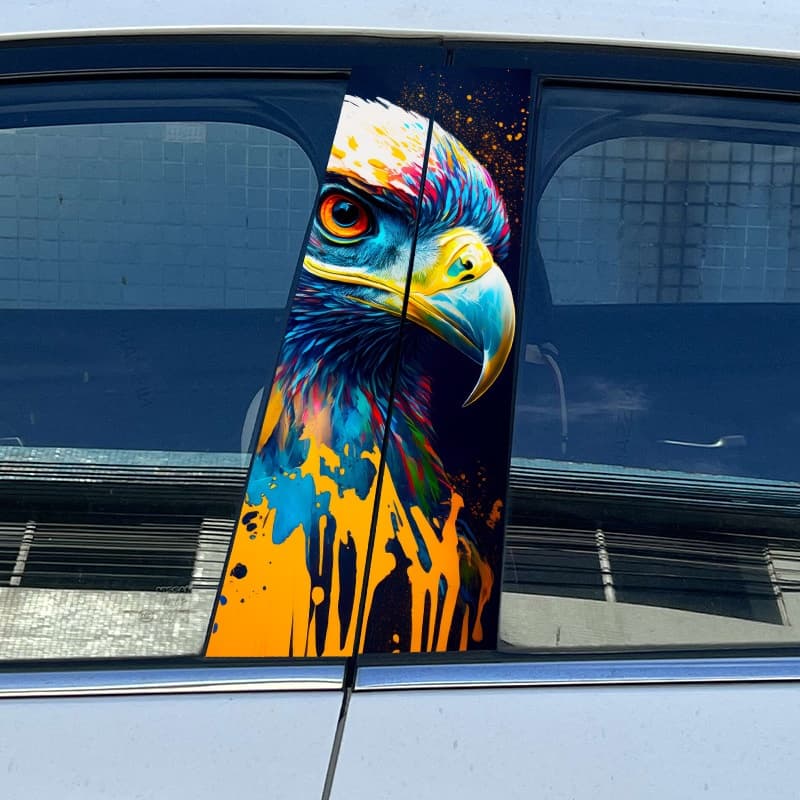 Colorful eagle car window decal, featuring a vibrant painted eagle graphic sticker with bright colors and artistic splashes for car rear window, ideal for car customization and auto styling, eye - catching auto decor with a lively eagle design.