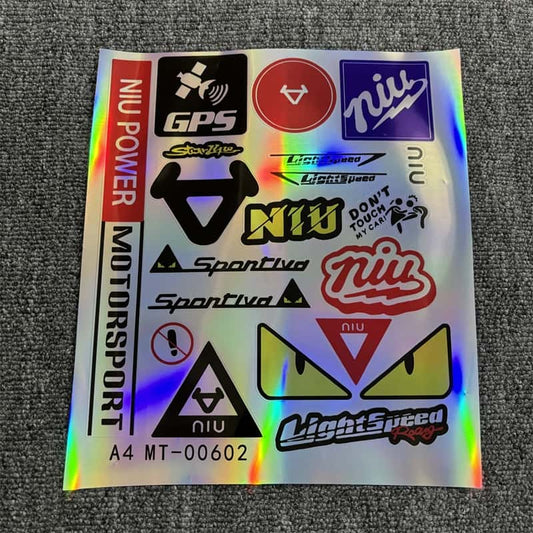 Holographic NIU motorcycle car decal sticker sheet with motorsport GPS style graphics for vehicle customization